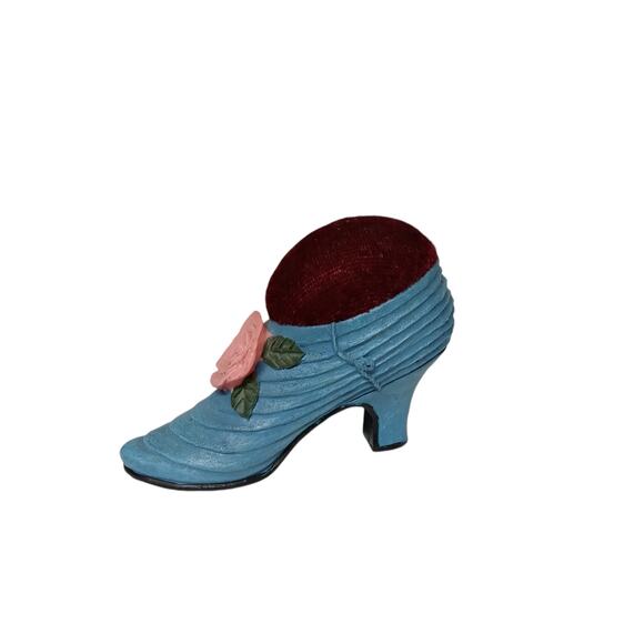 Mini Victorian Blue Shoe Pin Cushion Pink Rosette Sewing Collectible Vintage - Picture 6 of 9